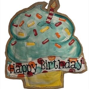 Happy Birthday Burlap Cupcake Sign Festive